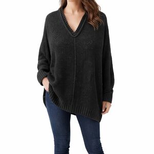 PLANET BY LAUREN G Oversized Black Cotton V-neck Lagenlook Knit Sweater OS